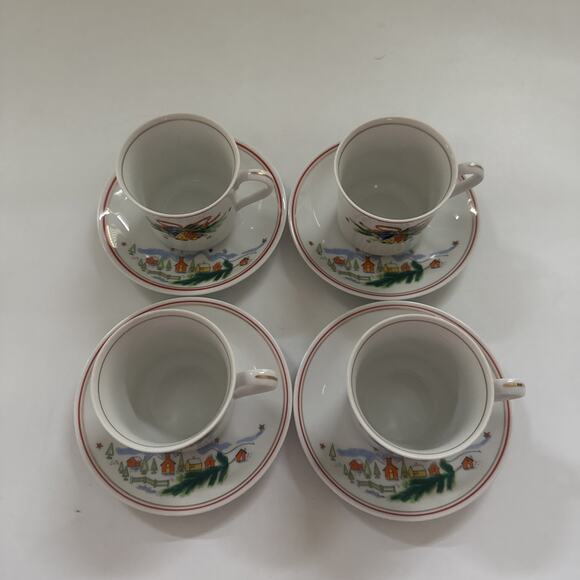 Vintage 4pc Set Salem China Christmas Eve Teacups and Saucers Holiday Dinnerware - Picture 2 of 10